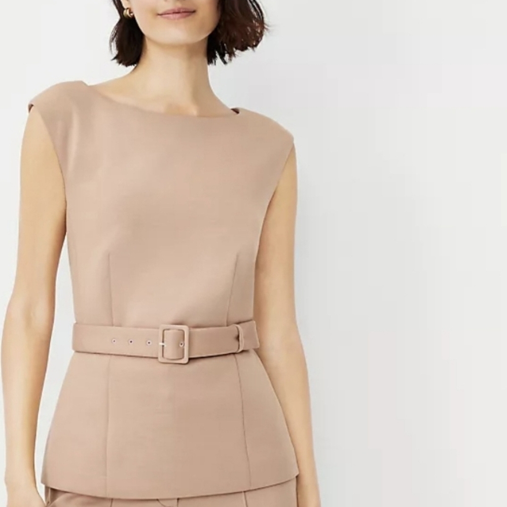 Tan Sleeveless Belted Top Double Knit